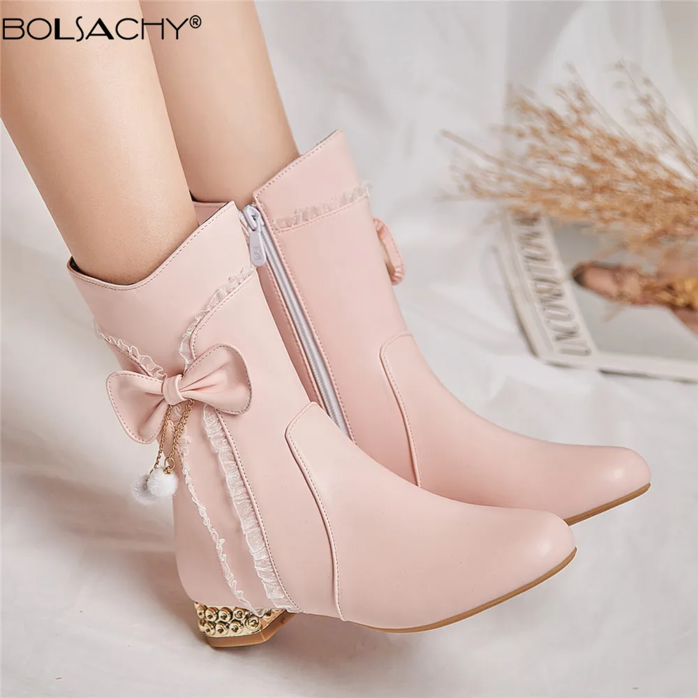 

2024 New Women Boots Autumn Winter Girls Booties Thick Heel Low-heel Short Boots Side Zippe Bow Botas Mujer Shoes 31-43 Pink