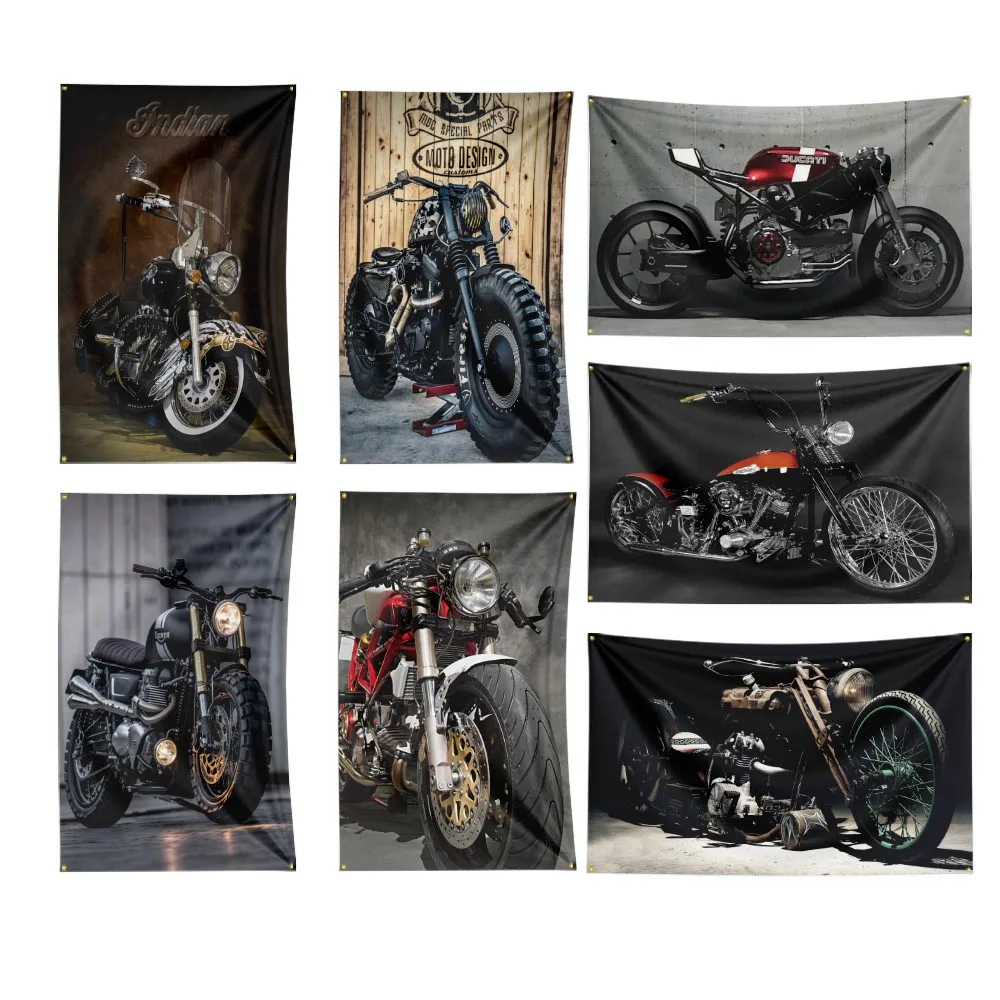 Motorcycle On The Way Flag Banner Motorcyclist Art Vintage Poster Wall Sign Dark Motor Car Man Garage Pub Club Bar