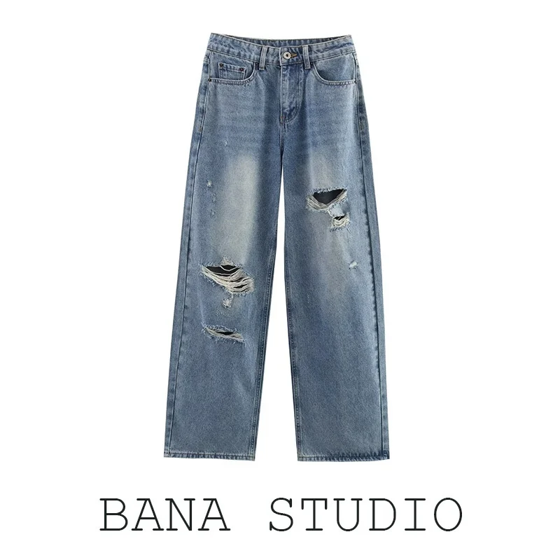 

BANA American Retro Waed Deep Blue Denim Jeans High Waist Extended Length for Taller Women Straight Leg Summer Faion