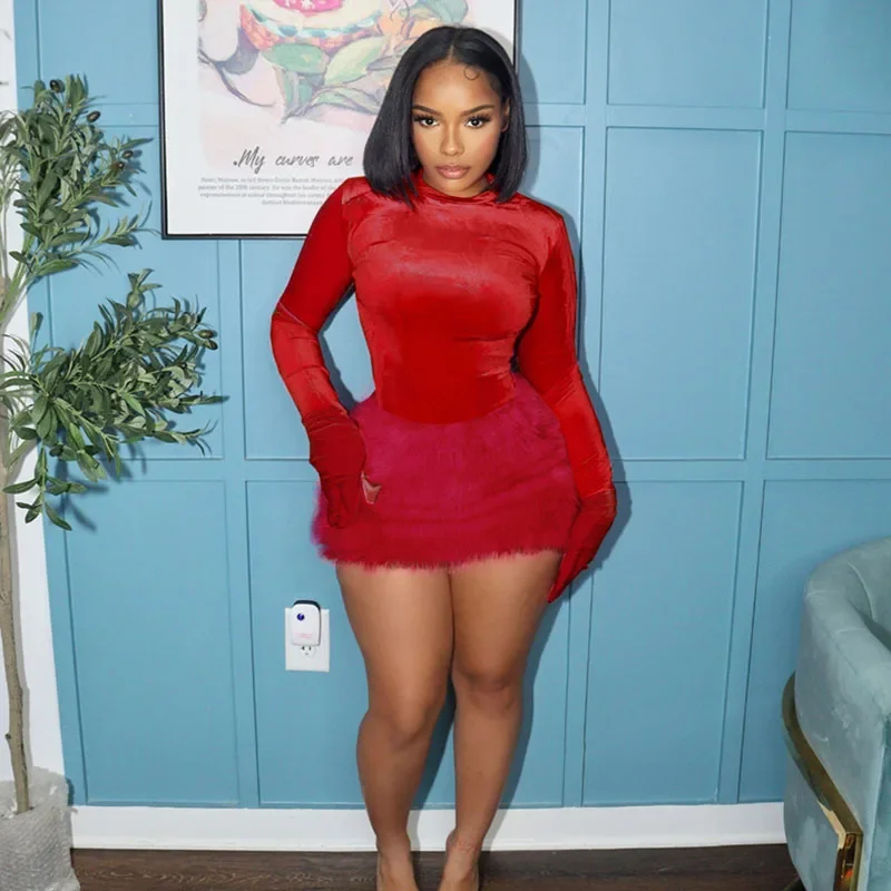 Bodycon 2 Piece Set Woman Fall Winter Long Sleeve Bodysuit Top and Mini Skirt Club Birthday Outfits Matching Sets without Glove