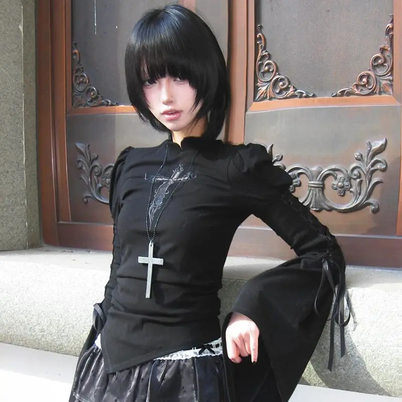 

Deeptown Y2k Black Gothic Hollow Out Cross Women T-Shirts Harajuku Flare Sleeve Irregular Lace Up Tees Slim Subculture Aesthetic