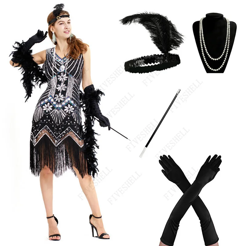 Plus Size Women 1920s Art Deco Great Gatsby Sequin Fringe Flapper Dress Tassels Costume Accessories Set with Sleeveless