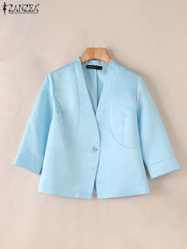 Mulheres sólido trabalho ol blazer ternos casacos finos zanzea outono com decote em v 3/4 manga jaquetas de cetim elegante senhora do escritório blazer outwear