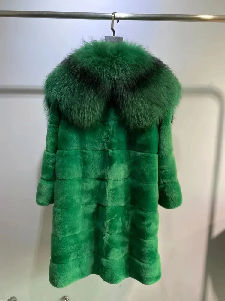 Neue Winter Frauen Echt Rex Kaninchen Pelzmantel mit Super Großen Waschbären Pelz Kragen Damen Mode Mantel Lange Luxus Jacke