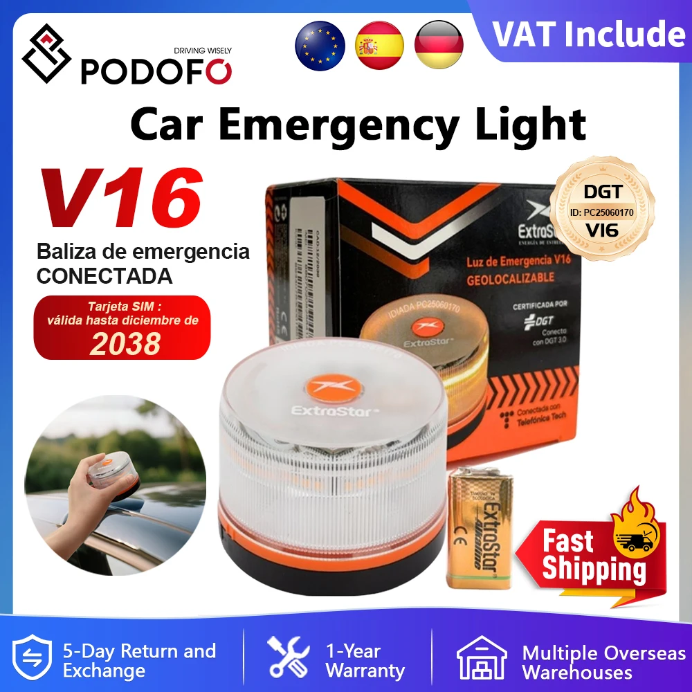 Podofo V16 Luce di emergenza per auto Led Luce stroboscopica per auto Luce lampeggiante Luce portatile Luce per incidenti stradali a induzione magnetica
