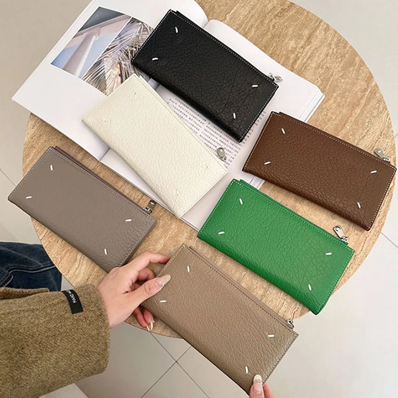 Casual Black Card Holder Fashion Style Leather Textured Stitching Men Women Coin Purse Zipper Leather Wallet Storage Card Holder