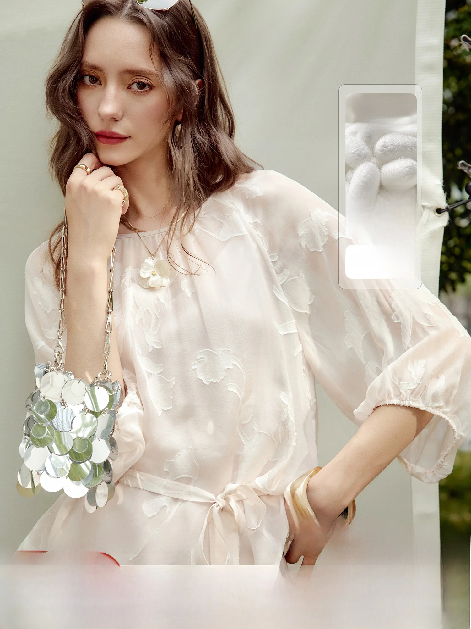 

Женский летний тонкий струящийся топ с поясом Ele round Ne Silk от NAGUAGU Pumpkin Valley, мягкий, дышащий, с рукавом 3/4