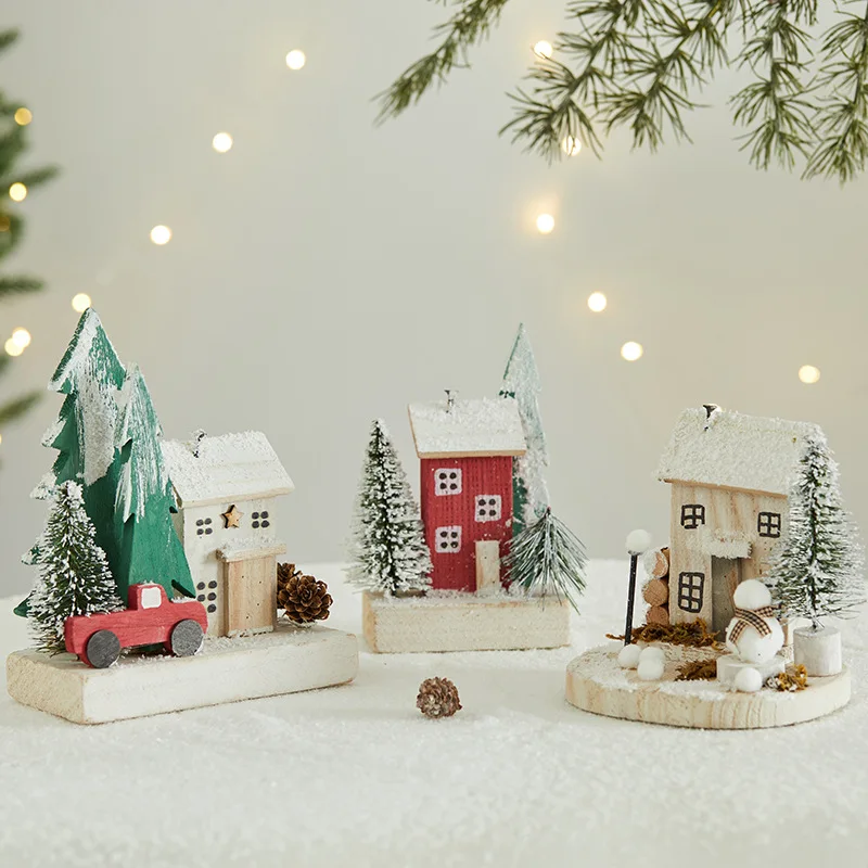 Christmas wooden hut new red wooden house house decoration table top layout scene atmosphere dress up small ornaments
