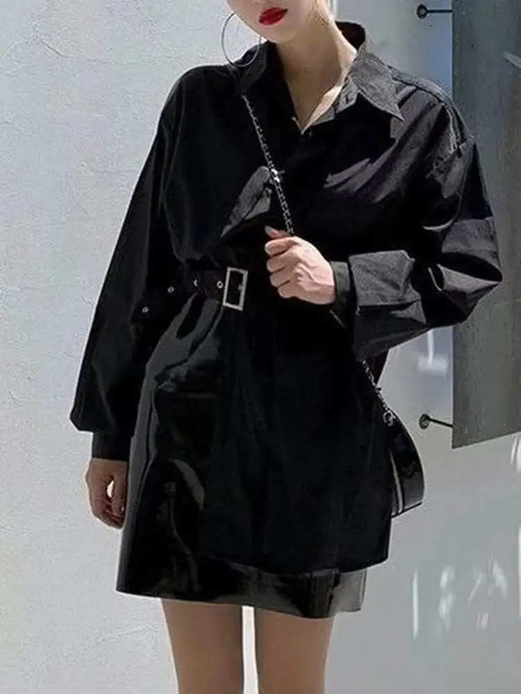 

Harajuku Style Korean Casual Design Women's Mid-Length Shirt with Tie-Up Long Sleejson Asymmetrical Single Side Belt Fashion Top