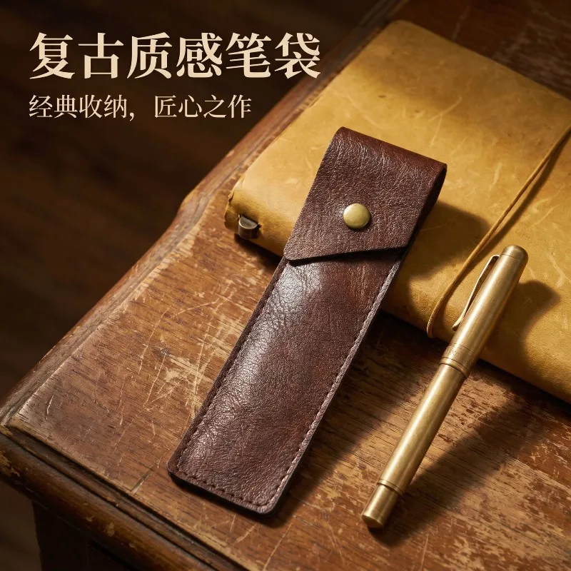 Thin‑Style High‑quality PU Leather Pen Storage Pouch, Hand Sewn Edge, Metal Snap‑Button Two‑slot Lightweight Portable Pen Holder