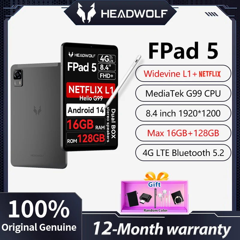 New Headwolf Fpad5 Android 14 Tablet Netflix L1 8.4-inch pad Helio G99 8GB+8GB Ram 128GB Dual SIM Card Dual Speaker 5500mAh