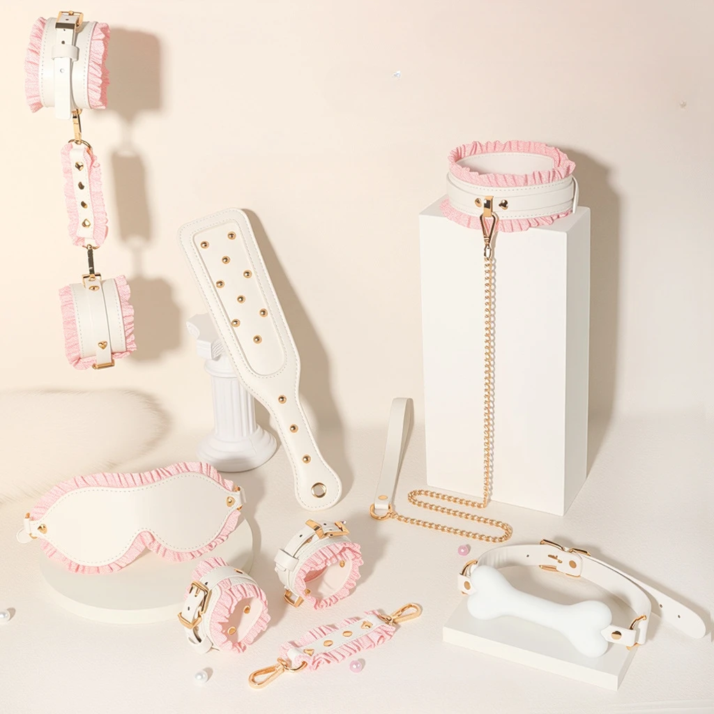 6PCS BDSM Bondage Set White Maid Role Play Restraints Kit SM Fetish Toys Handcuff Slave Blindfold Collar For Couples Sex Games