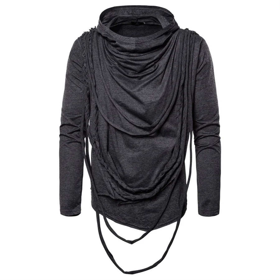 New 2024 Men\'s Tassel Irregular Long Sleeve T-shirts Spring Punk Rock Hip Hop Tees Streetwear Trend Gothic Hooded Tops for Men