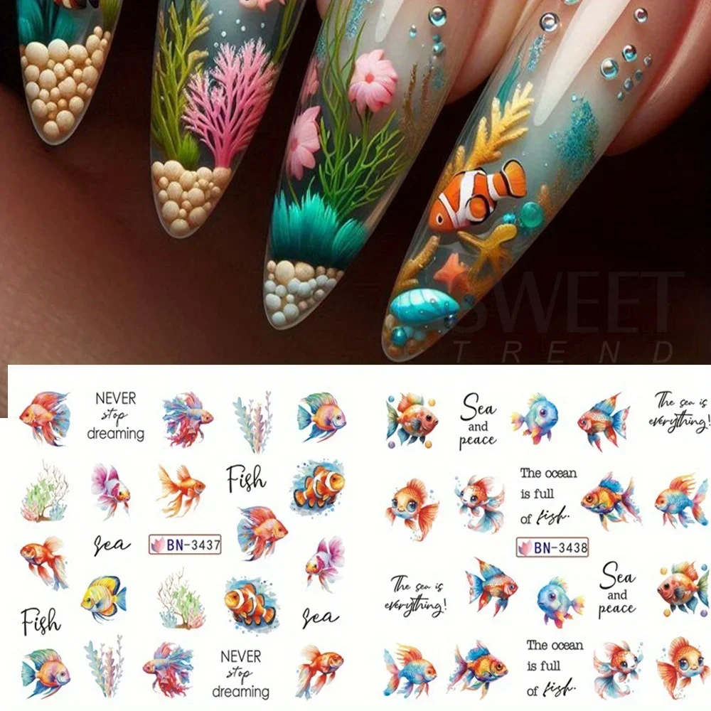 Pegatinas de decoración de uñas de océano, calcomanías de transferencia de agua, 12 diseños, concha, estrella, pez, caballito de mar, medusas, algas, marca de agua, decoración deslizante