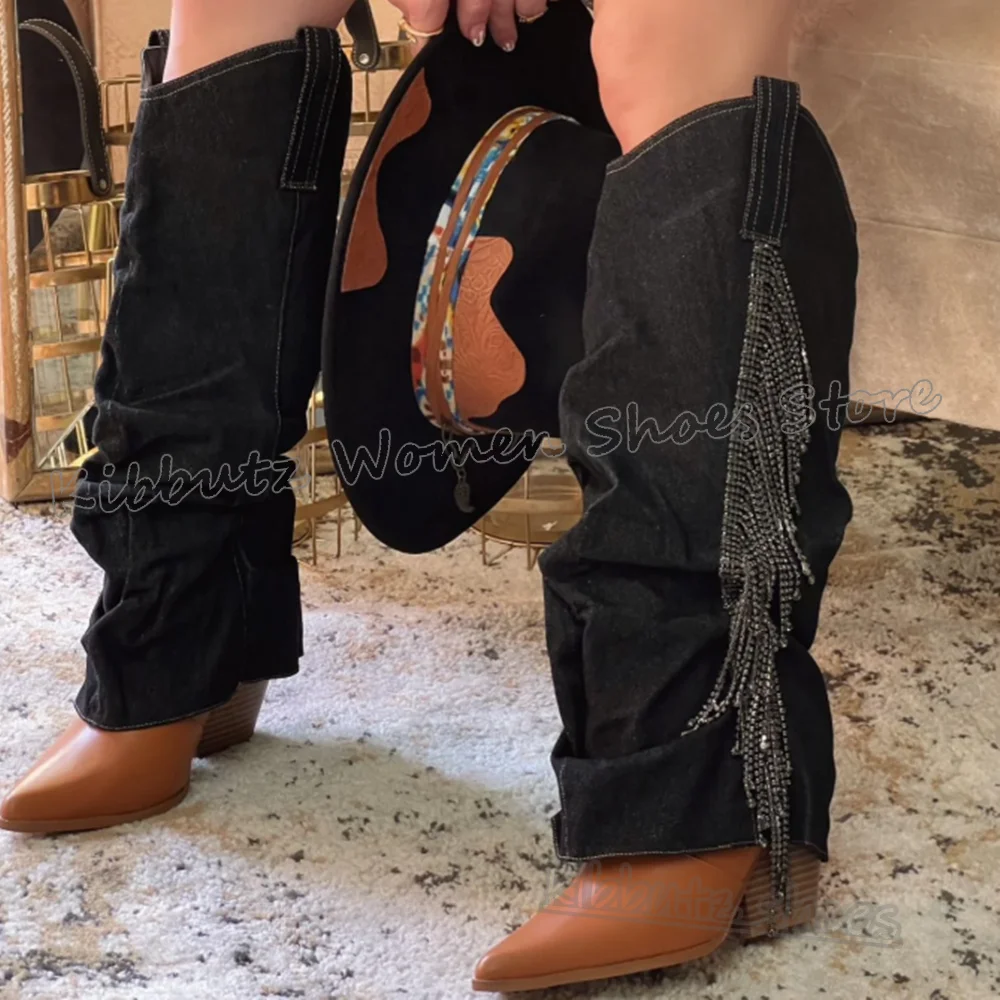 

Knee High Boots Pleated Denim Cloth Crystal Bling Fashion Novelty Sexy Concise Novelty Spicy Girls Shoes New Pointy Chunky Heels