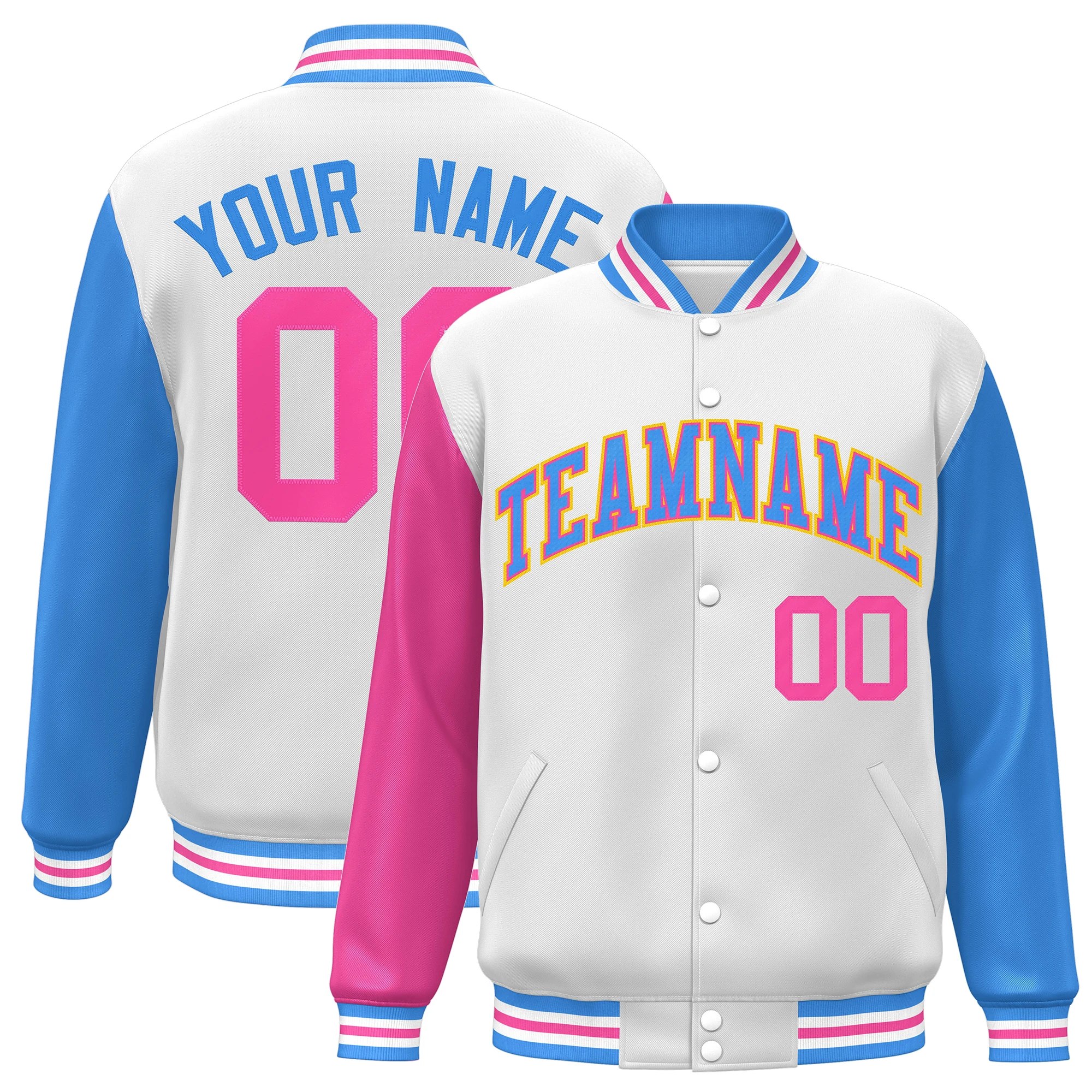 

Custom Baseball Jacket Raglan Sleeve Full-Snap Personalized Name Number Logo Varsity Letterman Sports Baseball Coat