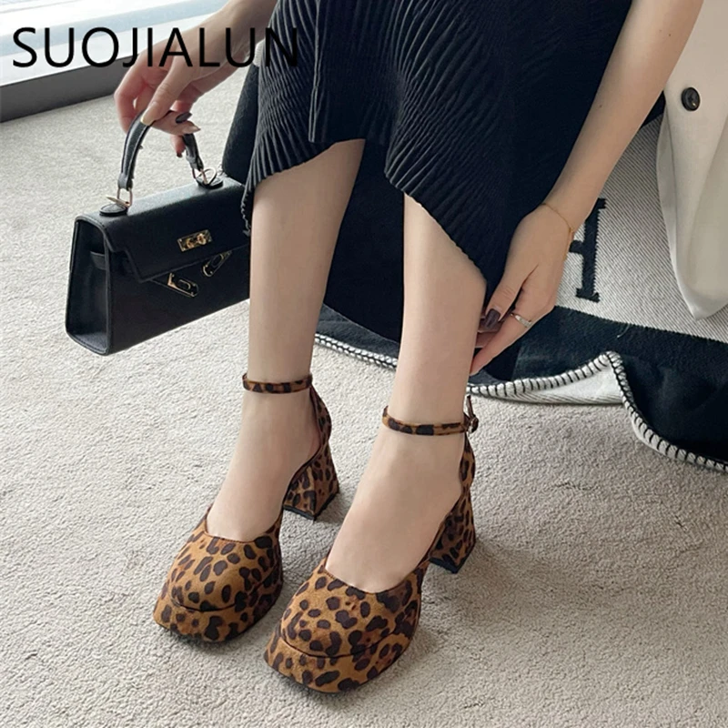 SUOJIALUN 2023 Spring New Brand Women Sandal Shoes Fashion Round Toe Close Toe Ankel Strap Mules Square High heel Dress Pumps