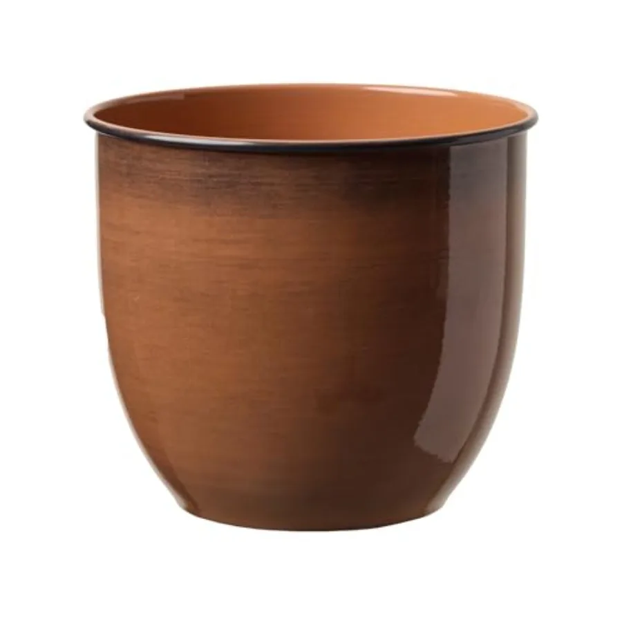 Indoor metal cachepot for decorative plant display, powder-coated terra cotta finish, glossy surface, includes removable drain