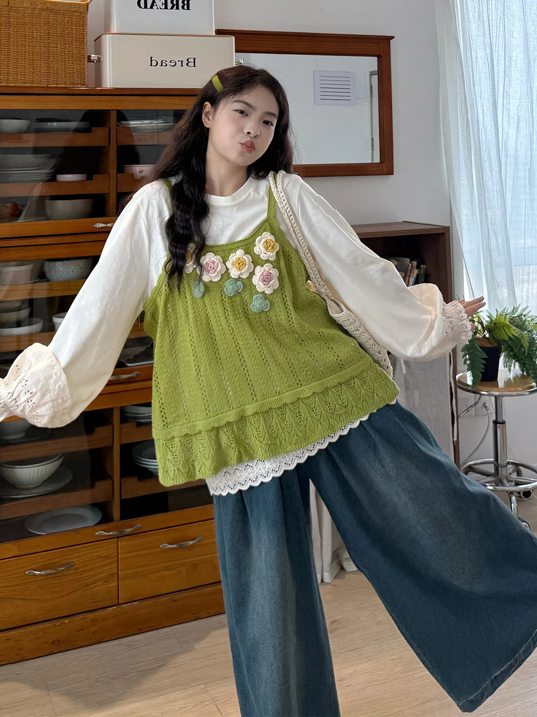 

plus Size Women's Spring Knitted Loose Fit Three-Piece Set Floral 3D Embellished Sweet Style Casual High Waist Long Sleeve