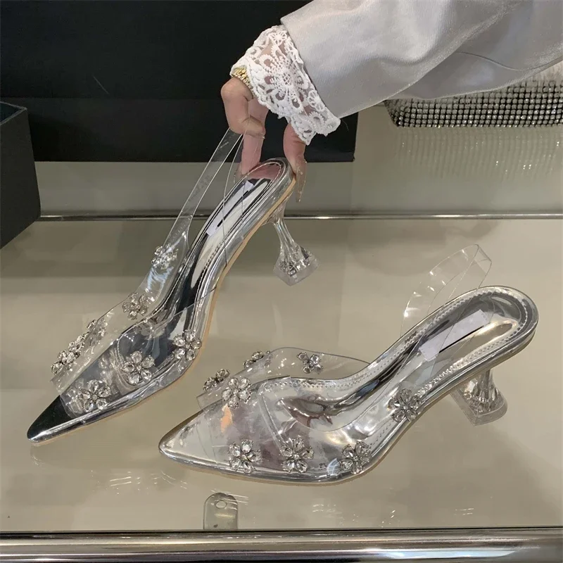 

Aneikeh Street Style Pointed Toe Flower Crystal Transparent PVC Women Pumps Fashion Slingbacks Stiletto High Heels Wedding Shoes
