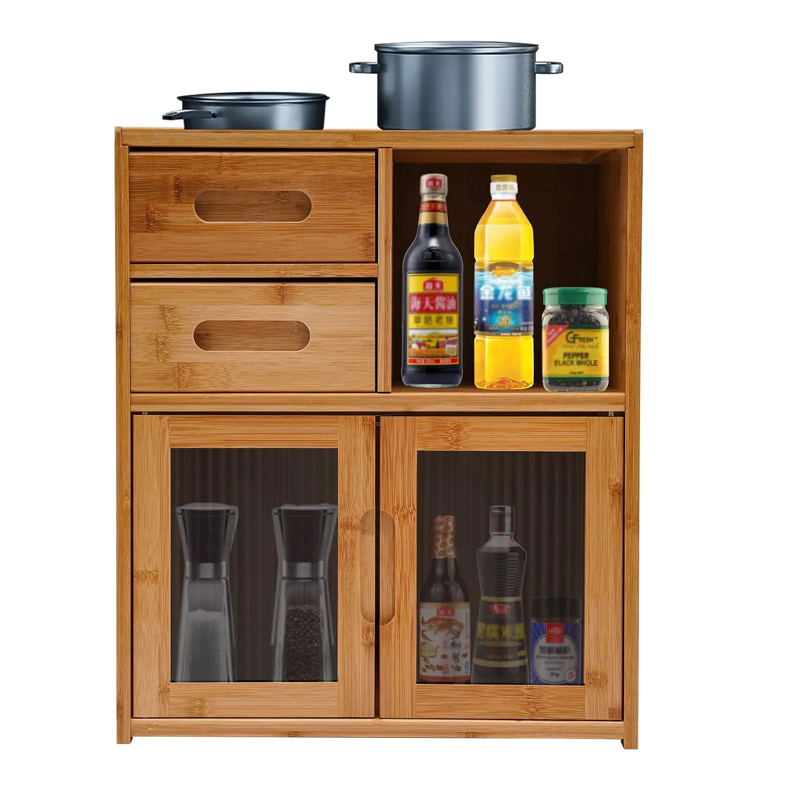 

Bamboo Countertop Storage Cabinet with Doors and Drawers, Kitchen Pantry Sideboard Freestanding Utility Cupboard Countertop Cabi