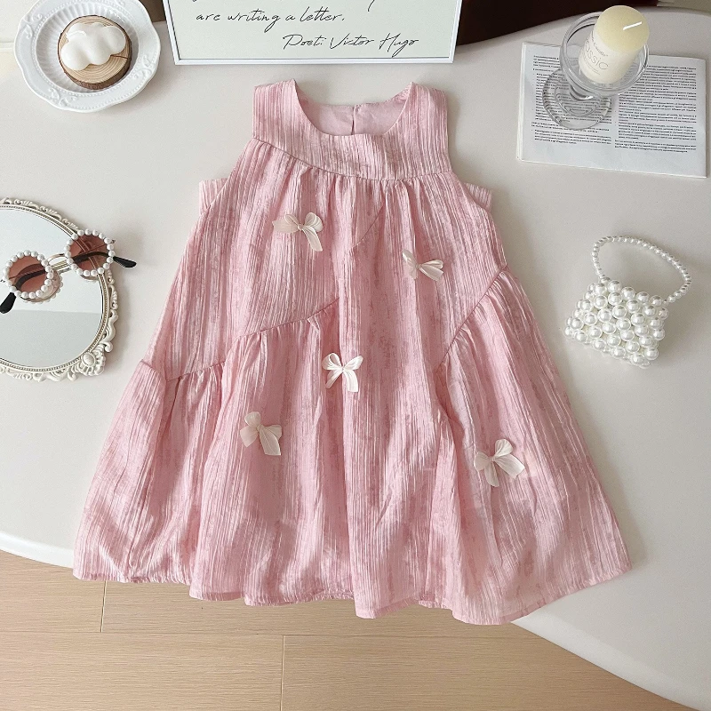 

Girls Dress 2024 Summer New Korean Version Sleeveless Bow Pink Girl Cute Princess Dress