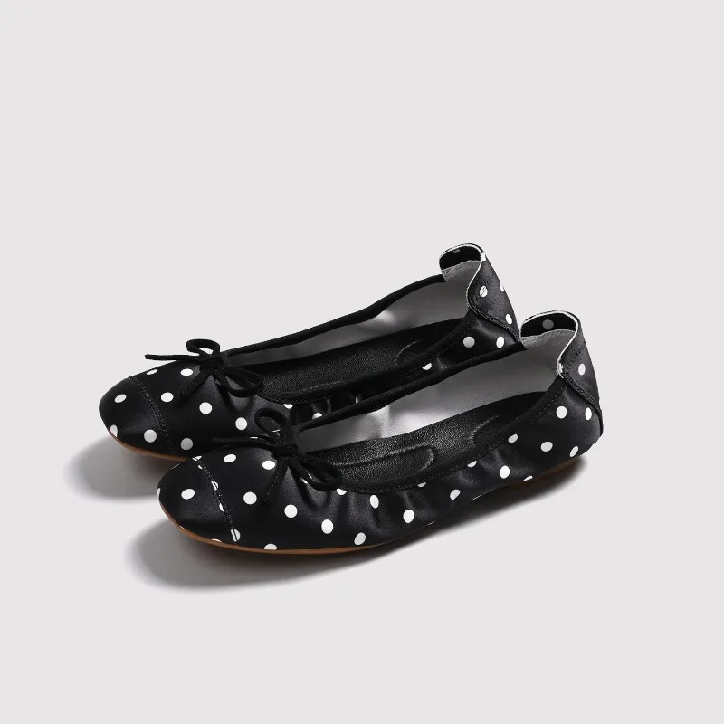 Women Polka‑Dot Bow Ballet Flats Round Toe Slip‑On Soft Lightweight Casual Dress Daily Walking Ballerina Shoes for Women