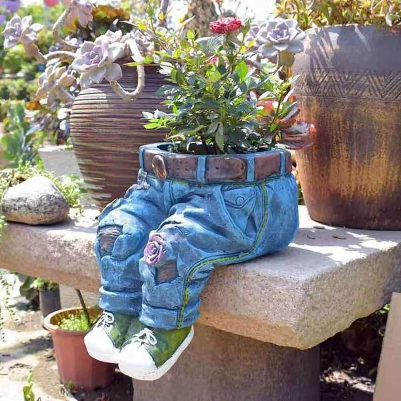 PZHI Denim Clothes Pants Resin Flower Pot for Creative Jeans Planter 14x11x16cm for Garden Home Office Decoration