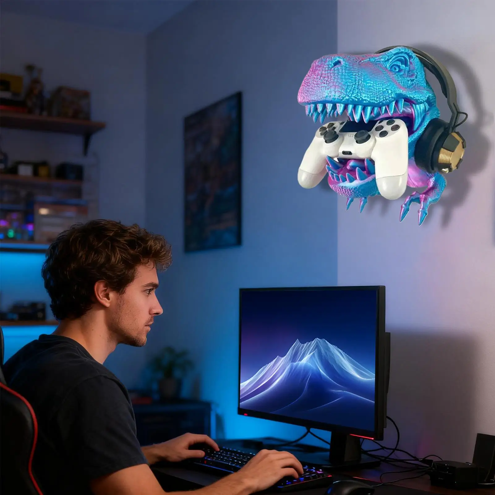 3Dプリントされたティラノサウルスレックスのヘッドホンとゲームコントローラー用スタンド、壁掛け式3D恐竜ゲームウォールデコレーション（自宅の部屋用）