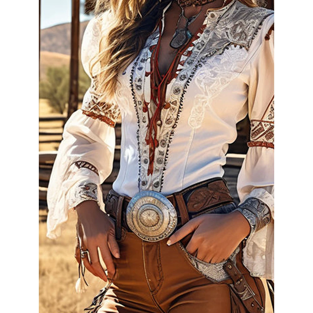 Vintage Western Women's Blouse Lace-up Puff Long Sleeve Spring Summer Cowgirl Shirts Ethnic Music Festival Country Party Blouses