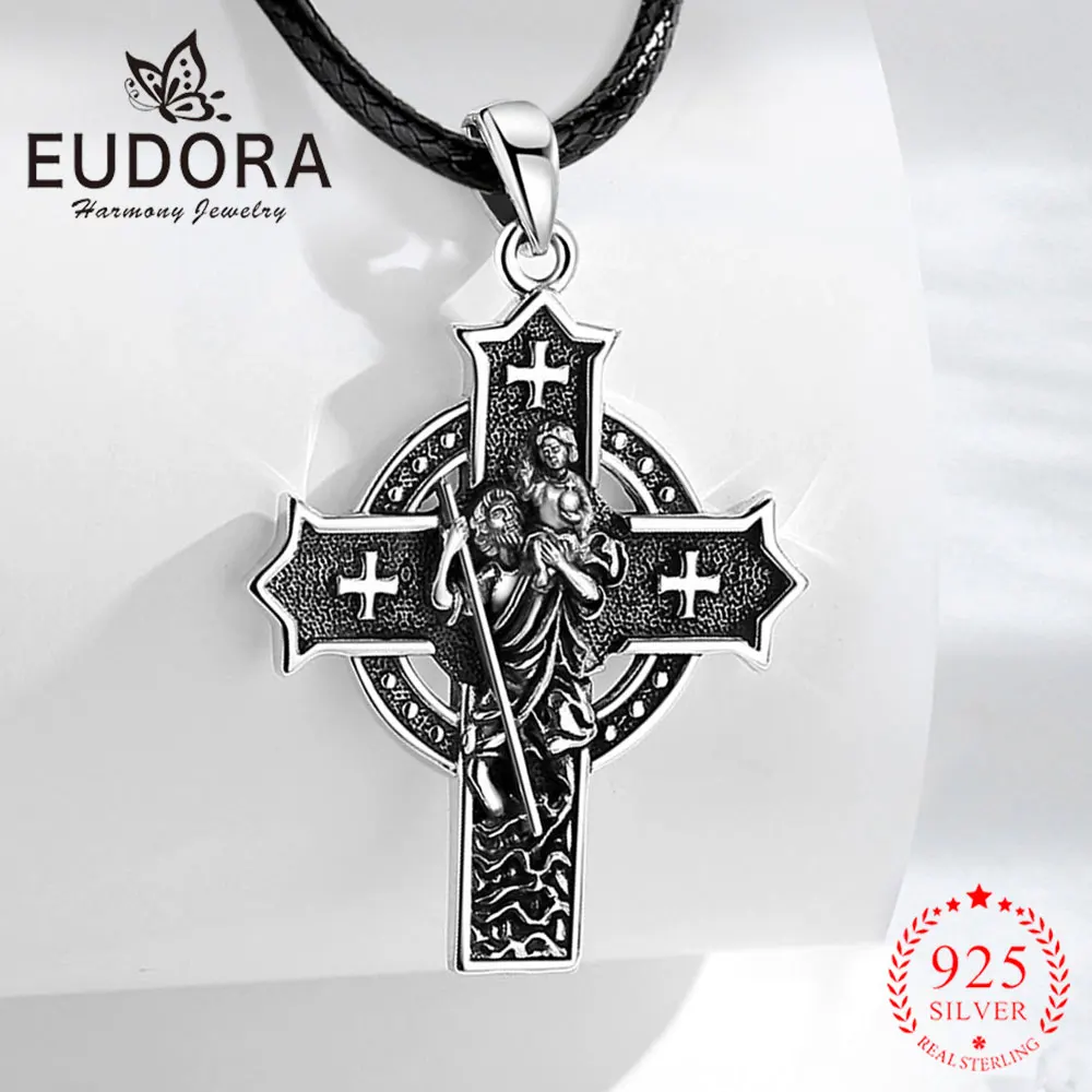 

Eudora New 925 Sterling Silver Saint Christopher Necklace Catholic Cross Pendant Vintage Jewelry Religion Gift for Men Woman