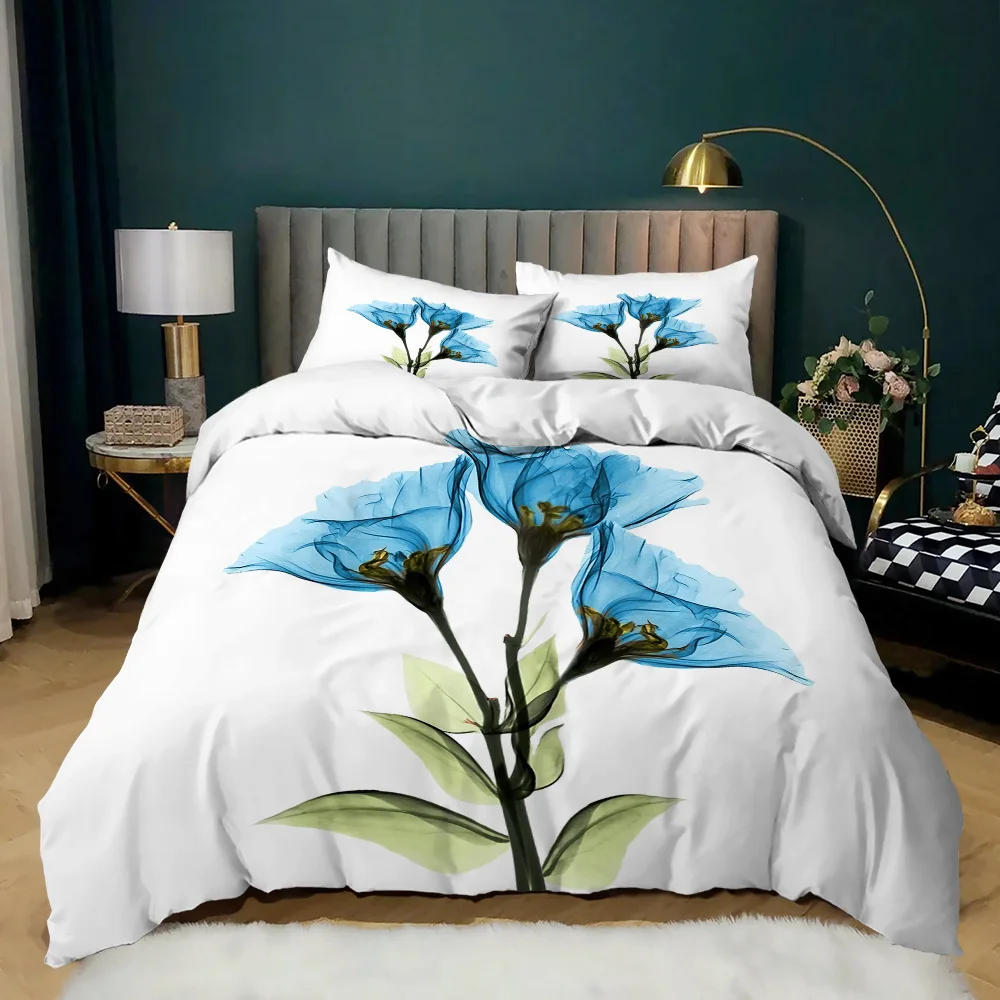 Morning Glory Duvet Cover for Girls Women,Purple Floral with Branch Quilt Cover Set King/Queen Size with Two Pillowcases,White