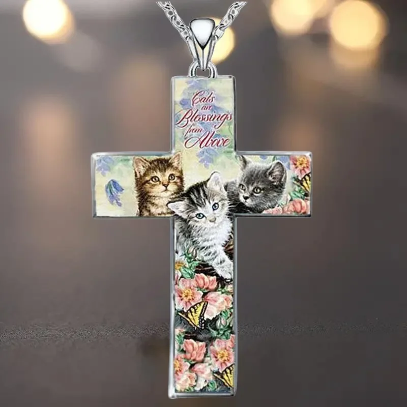 Stylish and Exquisite Three Cats Cross Pendant Necklace for Kid Christian Religious Jewelry Accessories for Friend Birthday Gift image 4