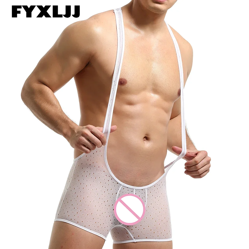 

FYXLJJ Men Sexy See-through Mesh Boxers Jumpsuit Breathable Sheer Fitness Wrestling Singlet Leotard Bodysuits Catsuit Nightwear