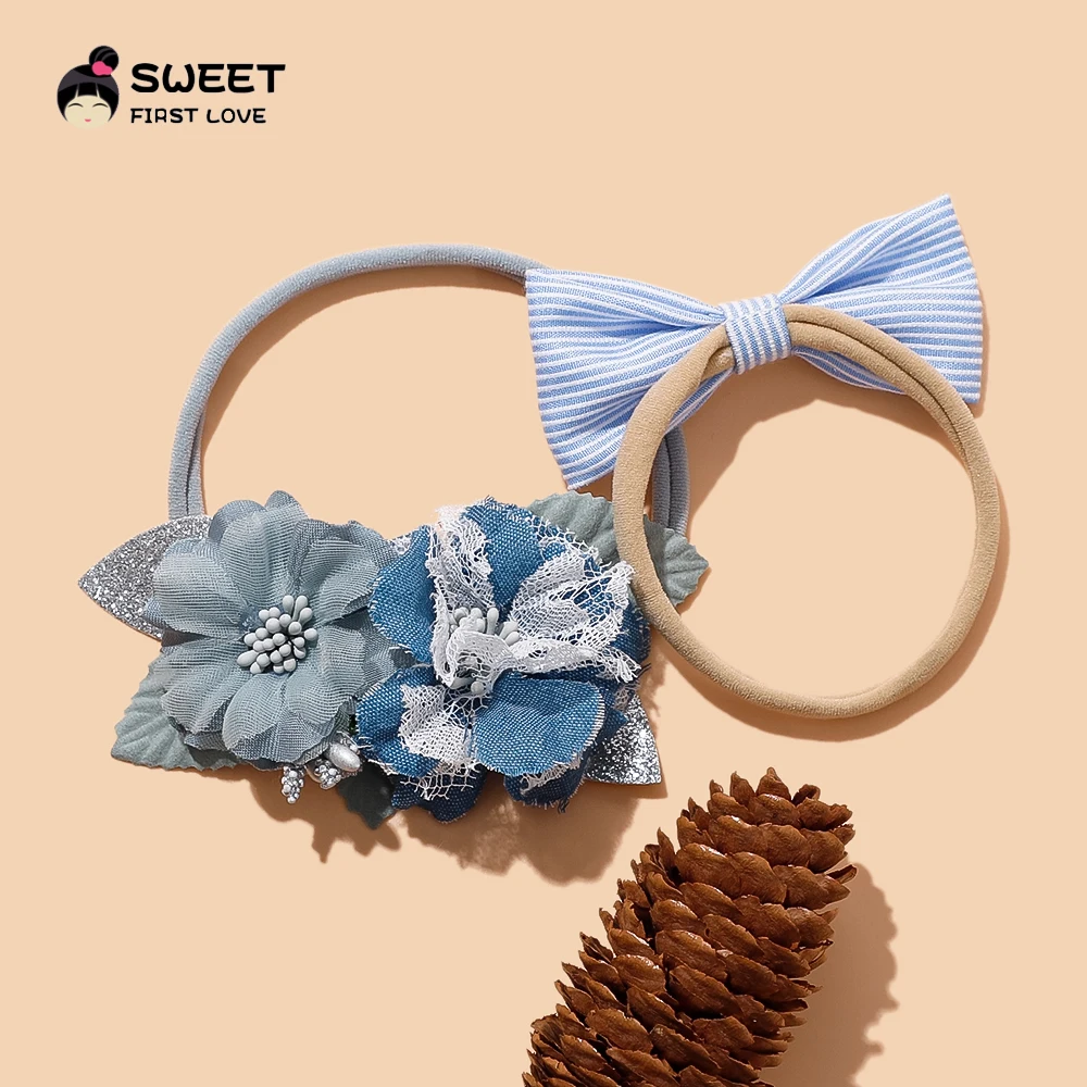 Hair Bands Newborn Blue Series Bow Flowers Headband Soft Elastic Nylon Hair Bands For Kids Girls Headwear Baby Hair Accessories