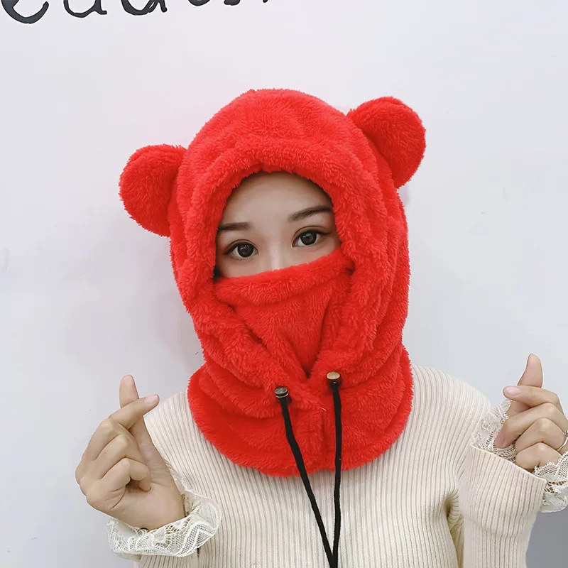 Winter Cute Cartoon Plush Bear Ears Children\'s Hat Balaclava Warm Hooded Hat Ear Protection Cap Windproof Thick Warm Neck Cover