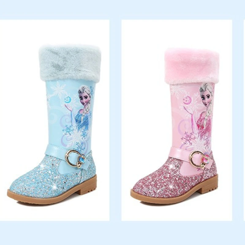 أحذية الشتاء للفتيات من إلسا، أحذية الثلوج القطيفة المجمدة للأطفال، أحذية الأميرة الدافئة