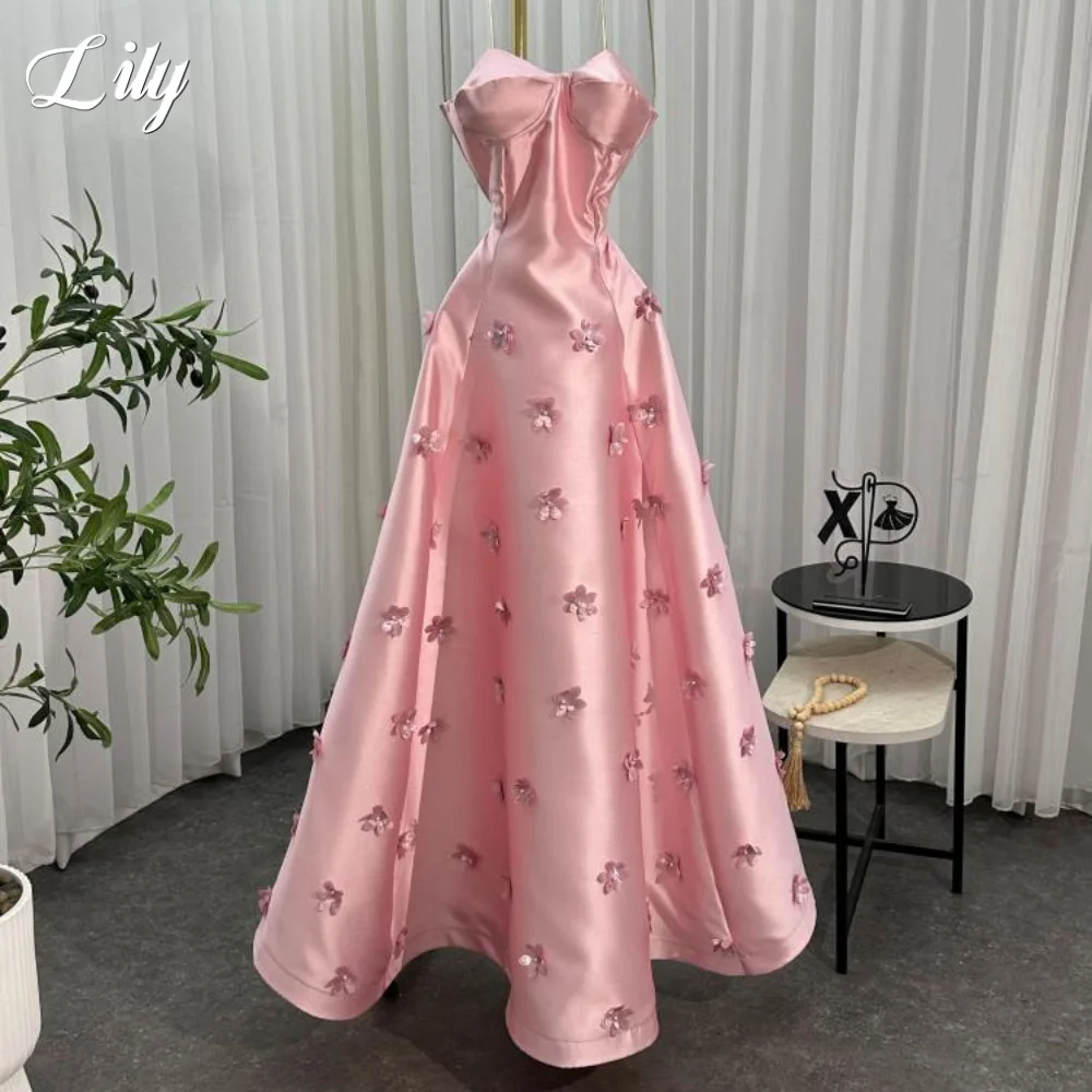 Lily Pink A-Line Simple Prom Dress Sweetheart Sleeveless Evening Gowns with Appliques 3D Flowers Satin Party Dress Customized