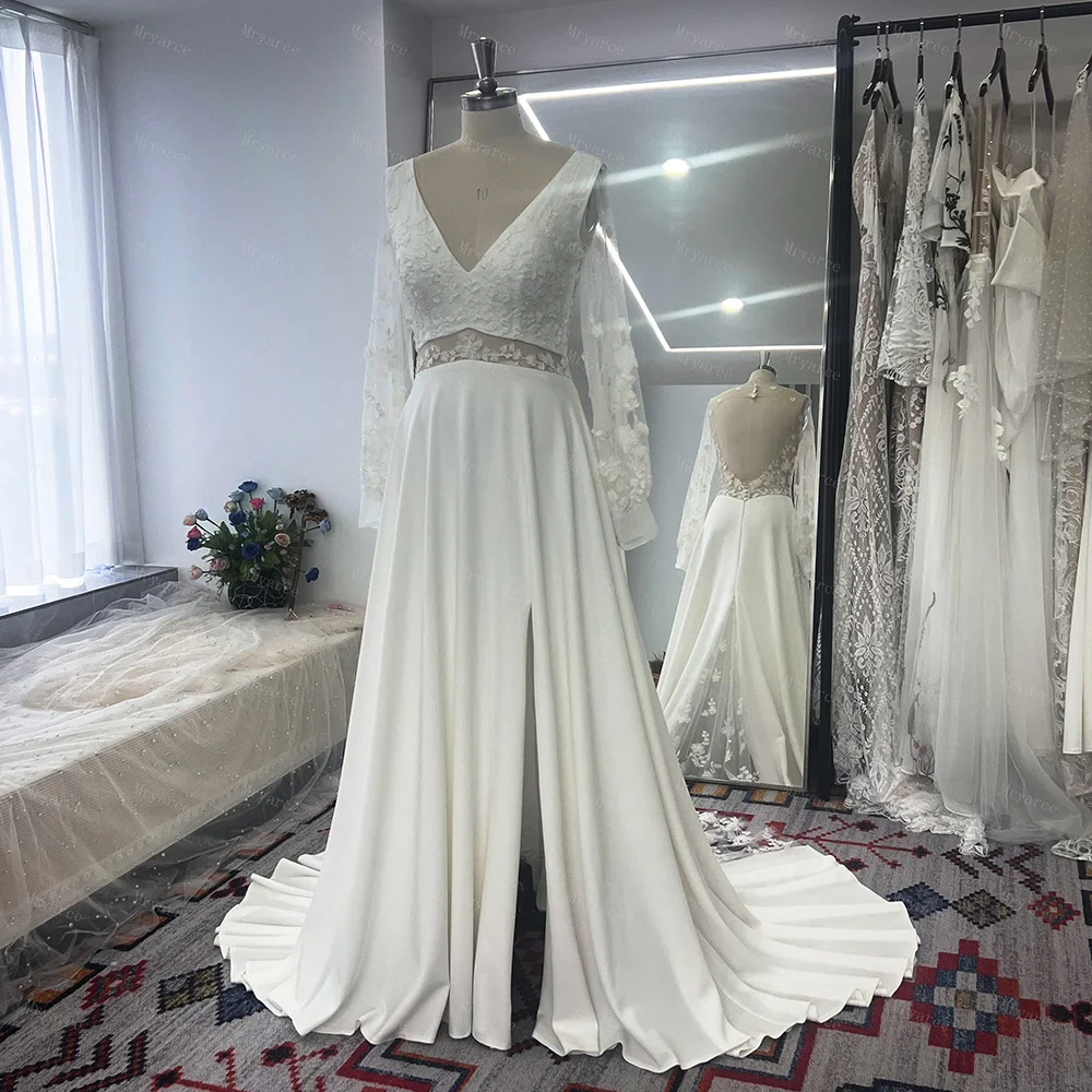 Mryarce Eleganz 3d Blumen v Hals eine Linie Seite Schlitz Brautkleider Brautkleider mit abnehmbaren Ärmeln – Detail 3