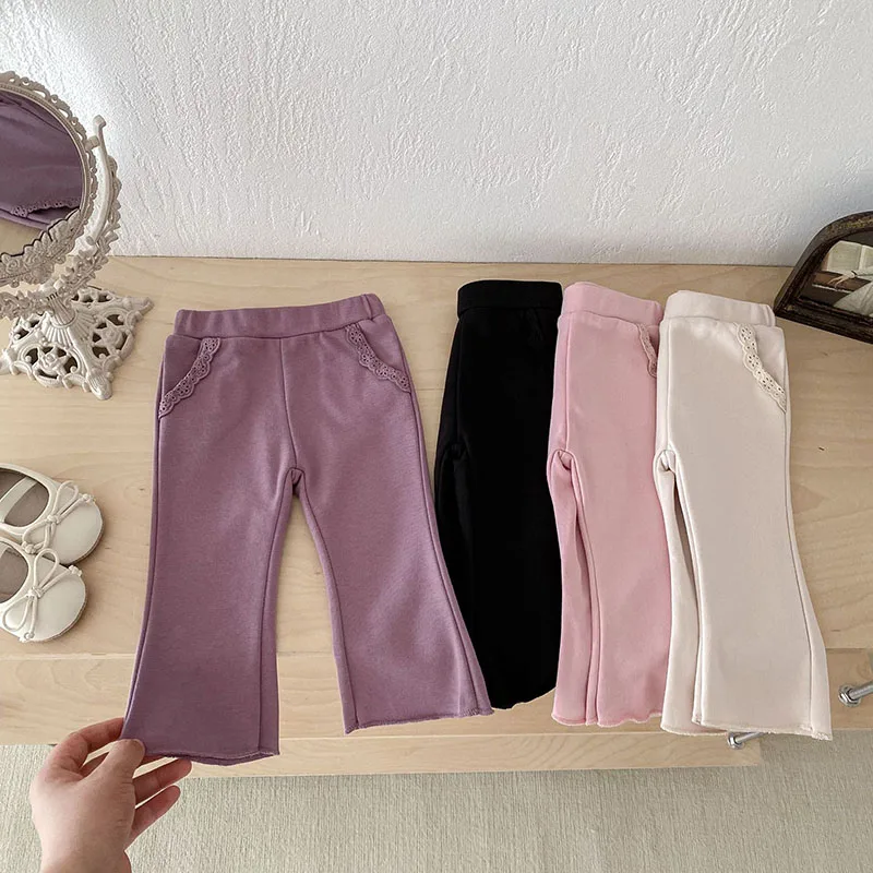 MILANCEL New Autumn Baby Girls Bell-bottoms Toddler Cute Solid Color Lace Trousers Infant Thin Style Pants