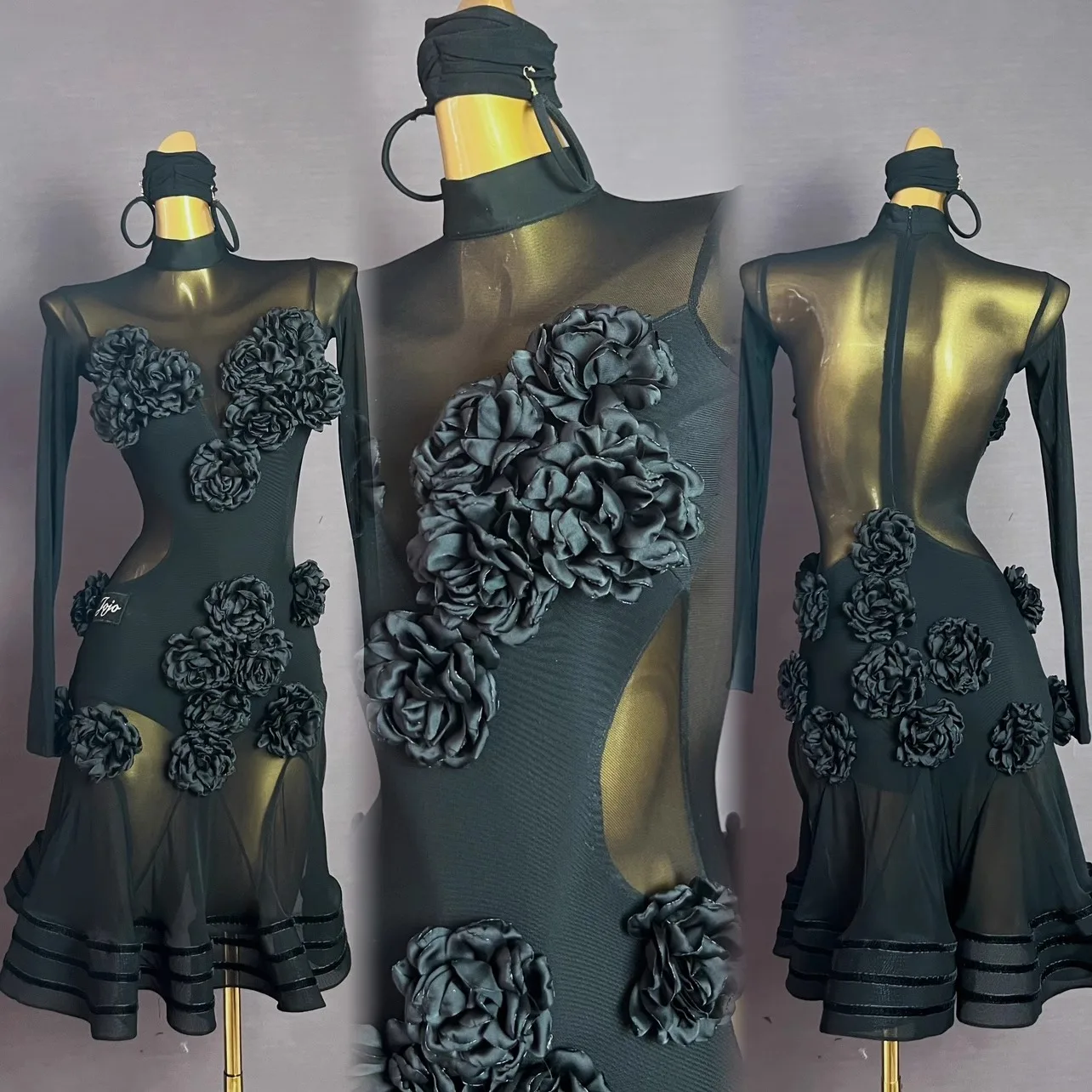 

Платье для латиноамериканских танцев, элитное, на заказ, с цветочным узором, длинными рукавами, с широким подолом, для танго, для женщин, взрослых и детей, сценический костюм