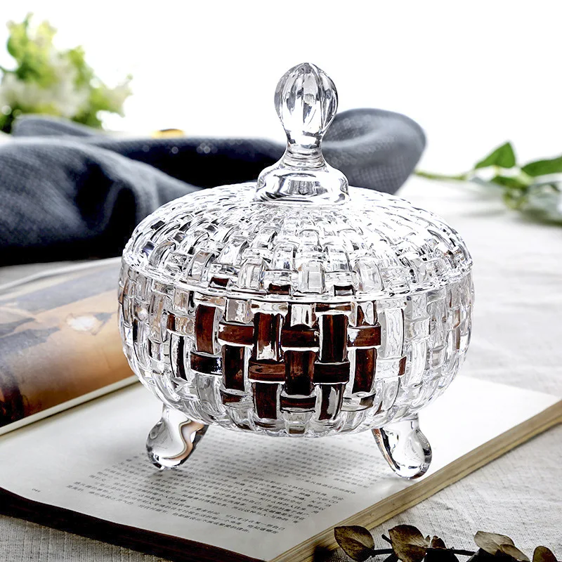 Crystal Glass Candy Cup with Lid, Creative Fruit Snack Tray, European Household Living Room, Lead-Free Woven Candy Cans