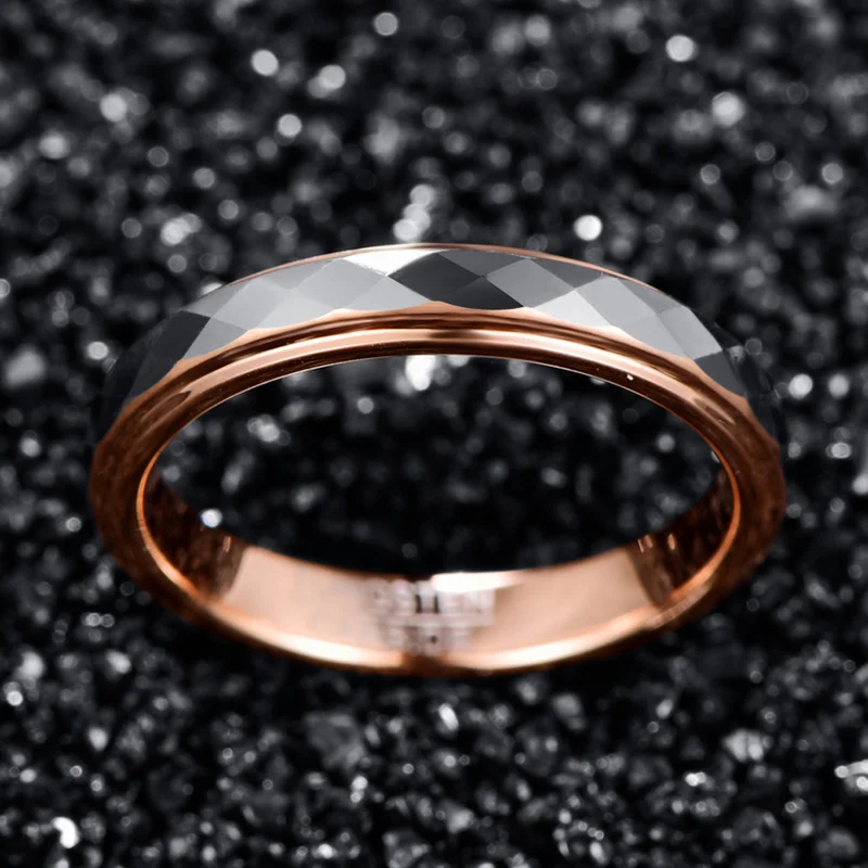 4mm Tungsten Carbide Ring Surface Polished Rhombus Shaped Batch Rose Gold Plating Side Step Wedding Ring