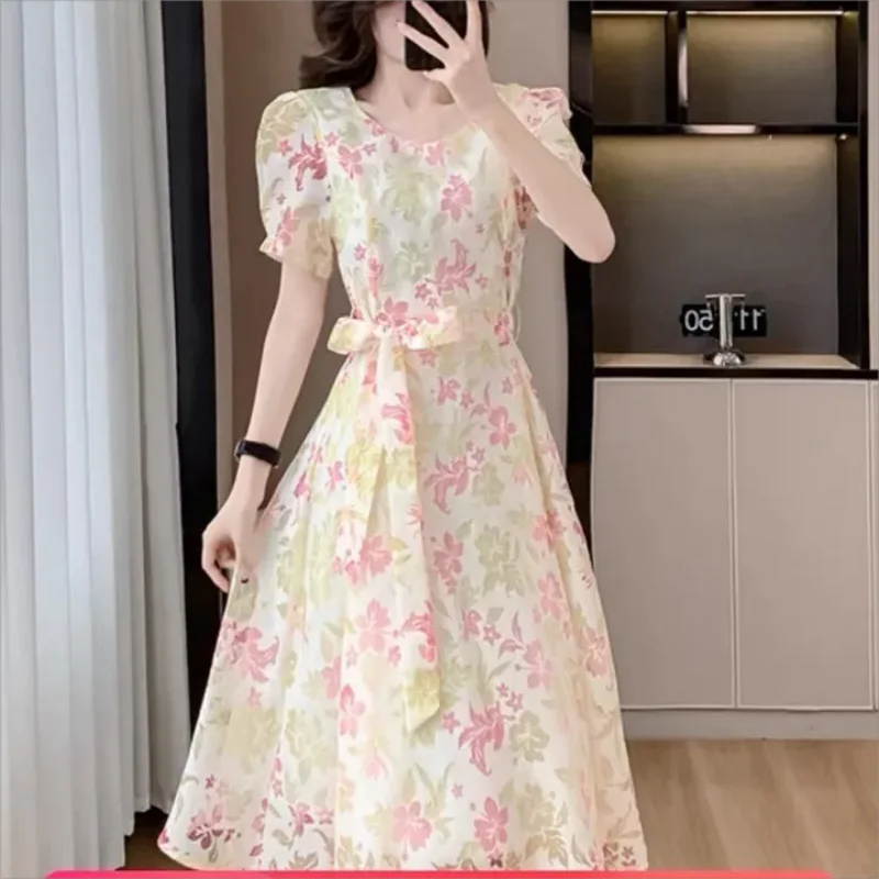 Elegant Vintage Floral Midi Dress Women Design Casual Korean Fairy Dress Female 2025 Summer frenum waist dress