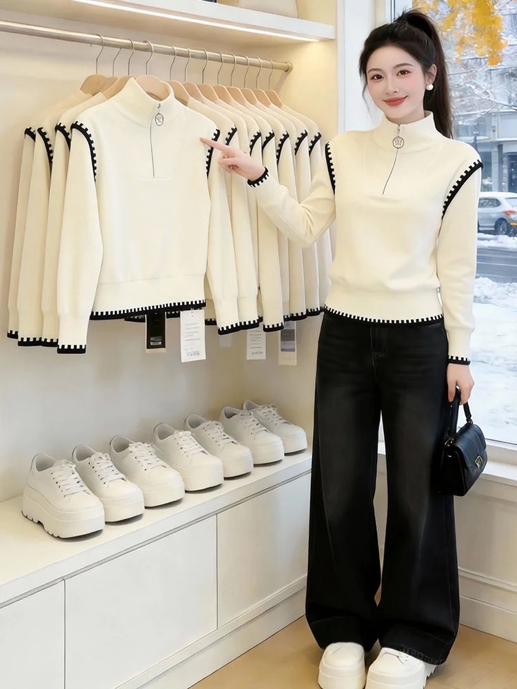 

Женский трикотажный топ Ele f-Zip, весна 2026, новинка, красивый, мягкий, удобный, с длинным рукавом, свободного кроя, для повседневной носки