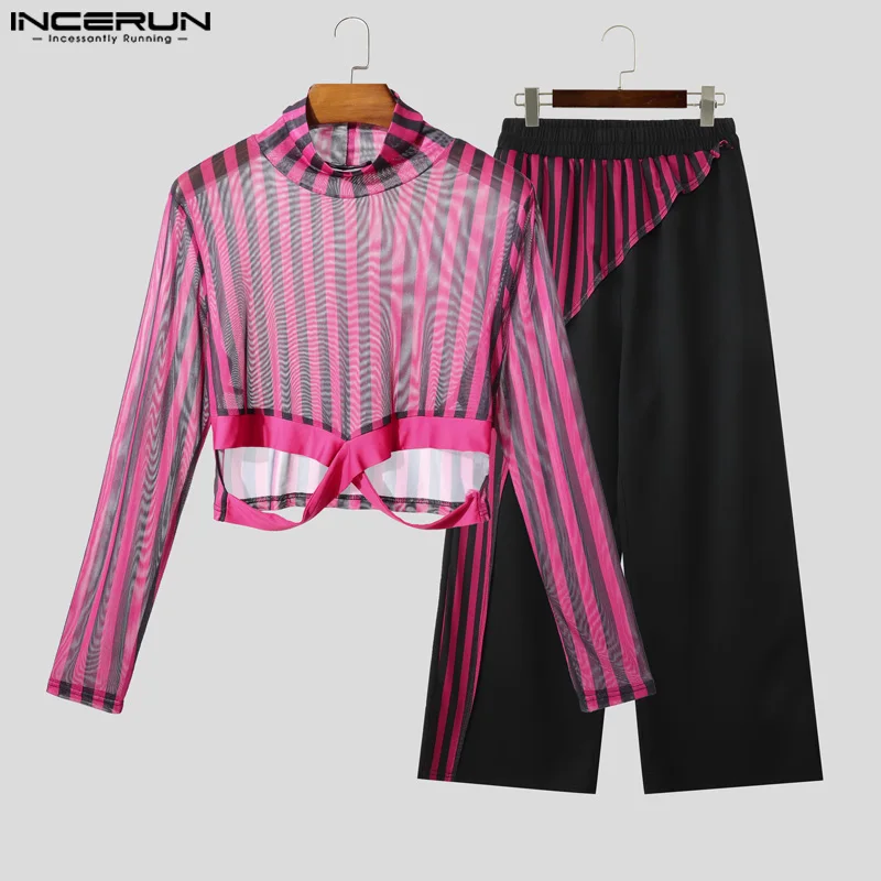 

INCERUN Мужские комплекты Полосатая лоскутная водолазка с длинным рукавом Укороченные футболки и брюки 2 шт. Уличная одежда Сексуальные прозрачные сетчатые мужские костюмы