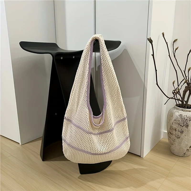 

Стильная вязаная сетчатая сумка через плечо для женщин, большая вместимость, зимняя, в богемном стиле, этичная, на плечо, для повседневного использования, 2025