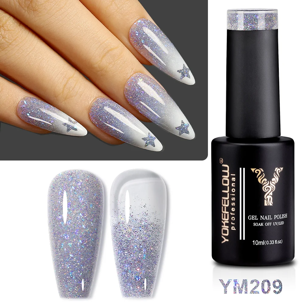 YOKEFELLOW Glitter Gel Nail Polish 10ml Semi-permanent Sequins Shiny Gel Base Top Coat Soak Off UV Varnish Nail Art Decoration