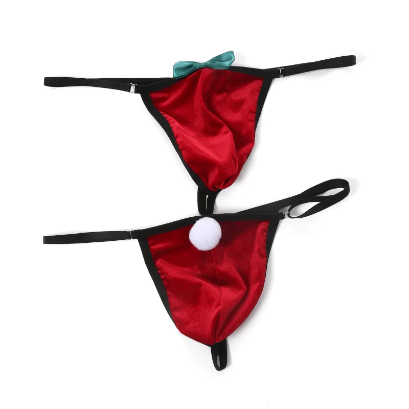 Men's Thong And G String Christmas Ball Underwear Low Waist Strap Adjustable Snowball Bow T-Back U Convex Pouch Lingerie