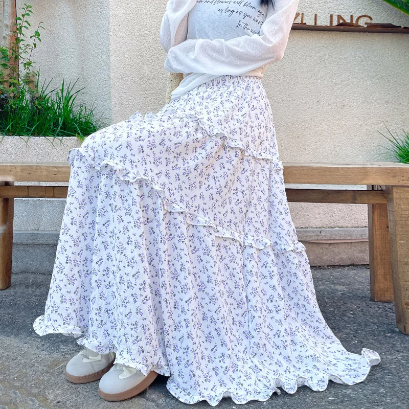 Long Skirts Women Skirt A Line Print Floral Streetwear High Elastic Waist Ruffles Elegant Y2k Maxi Elegant Work Casual 2025